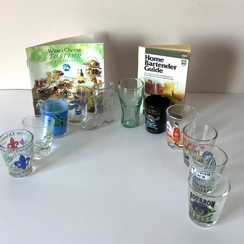 Vintage Collectible Small Shot Drinking Glasses + Bartender Guide Wine Tasting